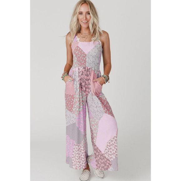 Azura Exchange  Pink Irregular Patchwork Print Smocked Wide Leg Jumpsuit - Picture 5 of 7
